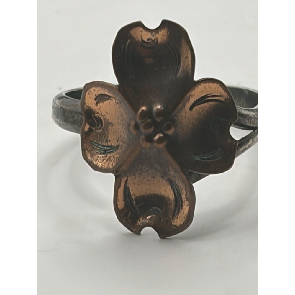 Vtg copper Singed Stuart NYE Sterling Silver Dogwood Flower Adjustable Ring